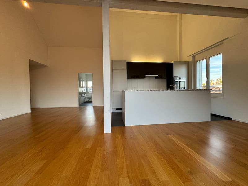 Open floor plan, hardwood floors, kitchen island, modern appliances, large windows, bathroom