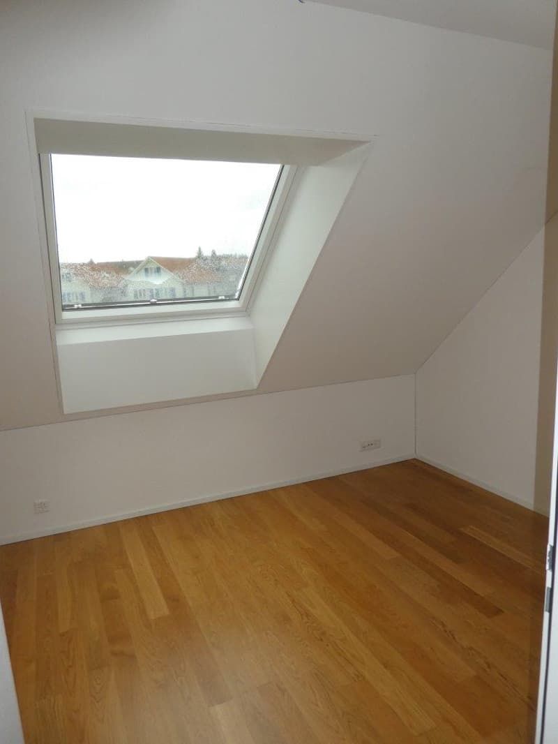 empty room, wooden floor, white walls, skylight window