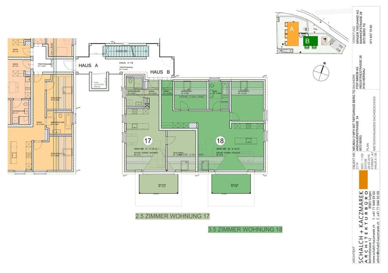 Floor plan of two apartments, labeled as Wohnung 17 and Wohnung 18, with details on room sizes and layouts.