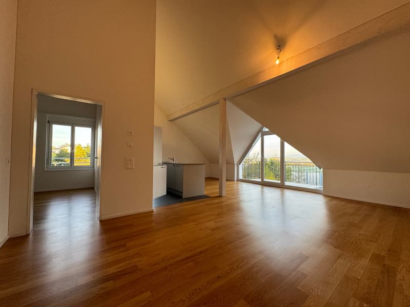 empty room, wooden floor, kitchen with sink and faucet, balcony with railing, large windows, bright