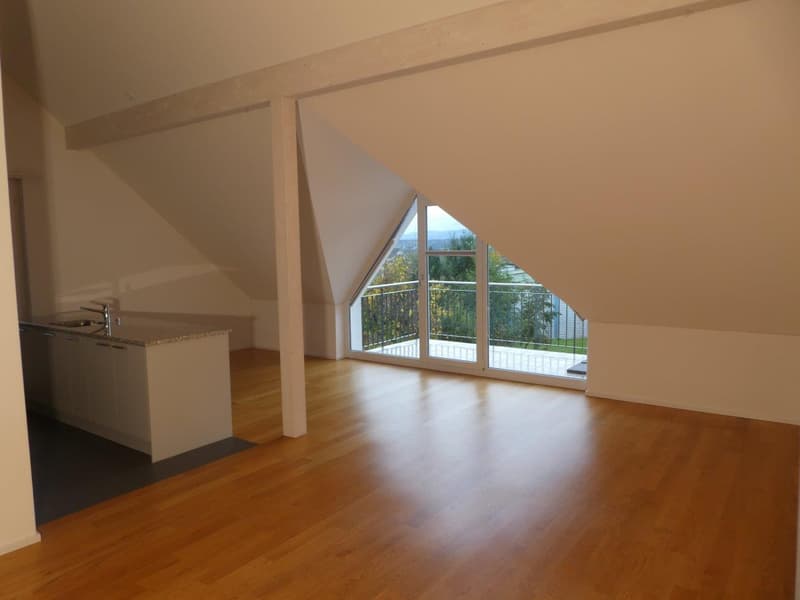 empty room, wooden floor, kitchen area with sink, balcony with glass doors, view of trees