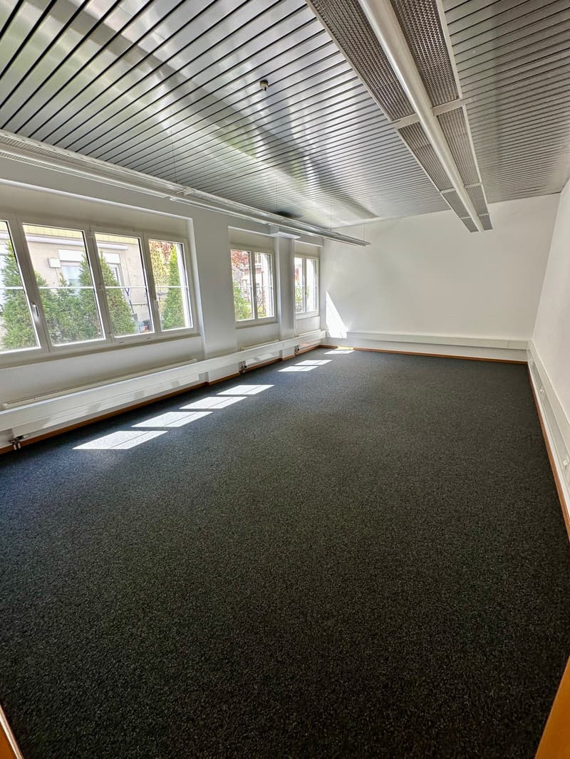 empty room, white walls, gray carpet, large windows, ceiling lights