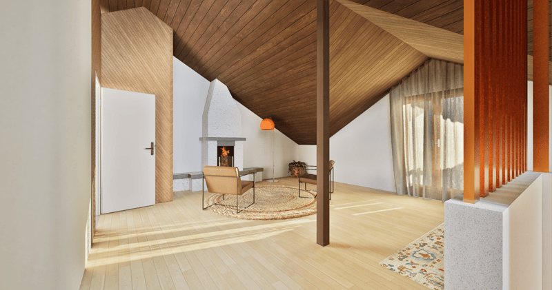white walls, wooden floor, fireplace, wooden ceiling, two chairs, rug, window with curtains, lamp