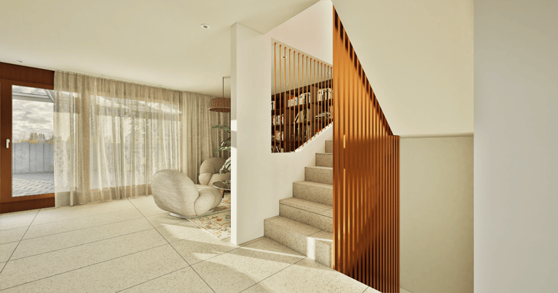 spacious living room with open floor plan, large window with white curtains, glass door, modern staircase, beige furniture