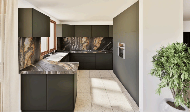 modern kitchen with marble countertops, black cabinets, white tiles, sink, oven, and window
