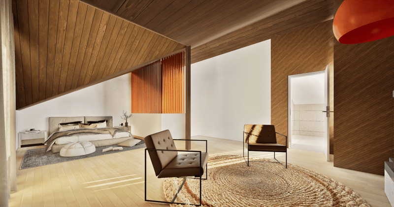 Modern bedroom with wooden ceiling, floor, and walls, large bed, 2 chairs, round rug, white nightstand, table with plant, orange curtains, entrance to bathroom