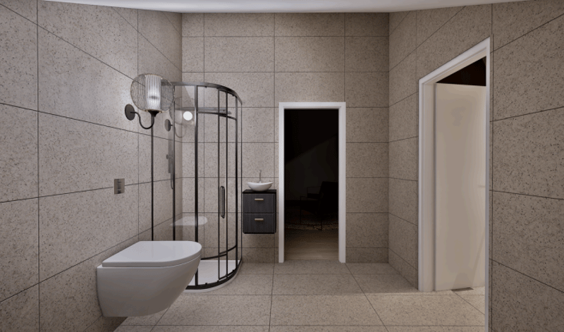 tiled floor, modern square shower, white bathroom fixtures, minimalist design