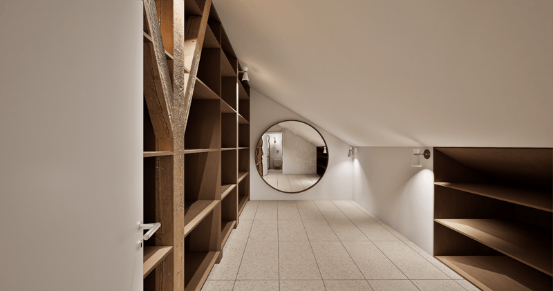 attic room with wooden shelves and tiled floor