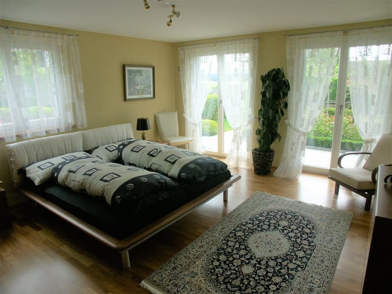 double bed, two pillows, rug, white curtains, picture frame, lamp, chair, potted plant