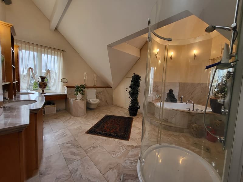 large bathroom with bathtub, shower, double sink, toilet, wooden cabinets, marble flooring, glass door, plants, window with curtains