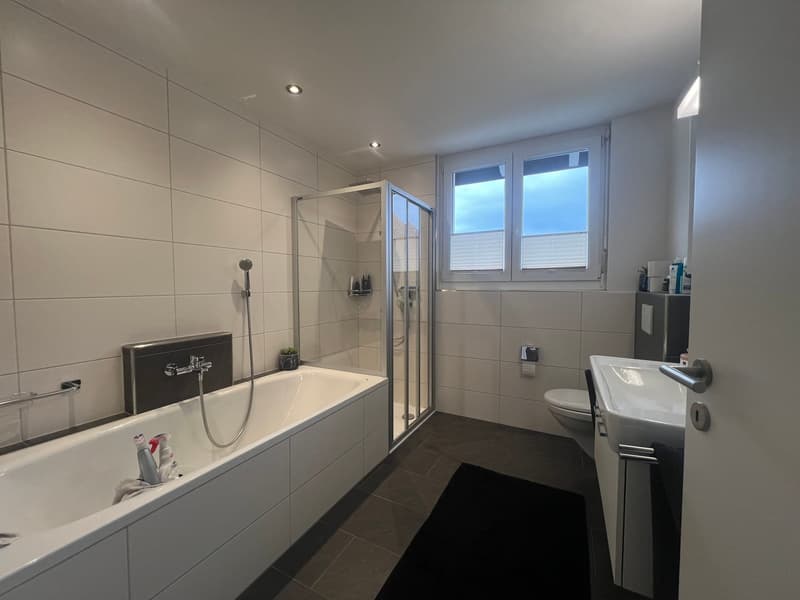 modern bathroom with bathtub, shower, toilet, sink, and window