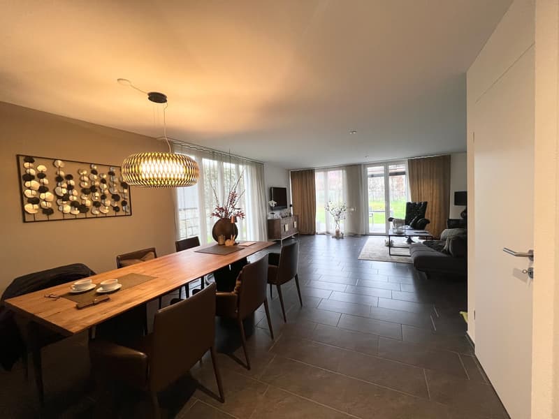 Dining room with a large wooden table, brown chairs, a chandelier, a painting, a TV, a cabinet, a couch, a rug, and a glass door.
