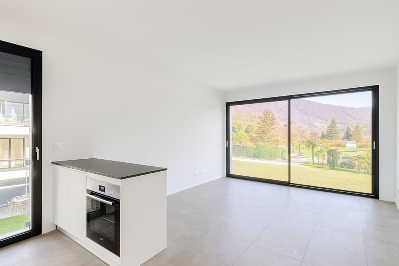 modern kitchen, oven, dishwasher, large glass windows, tiled floor