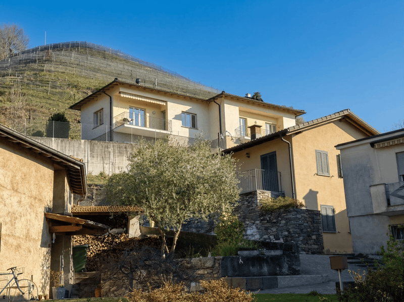 Two-story house, beige exterior, multiple windows, balcony, stone wall, chimney, green roof, mountain in the background