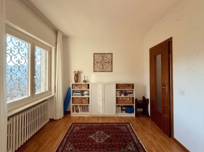 wooden floor, white walls, large window with view, wooden door, shelves, rug, radiator