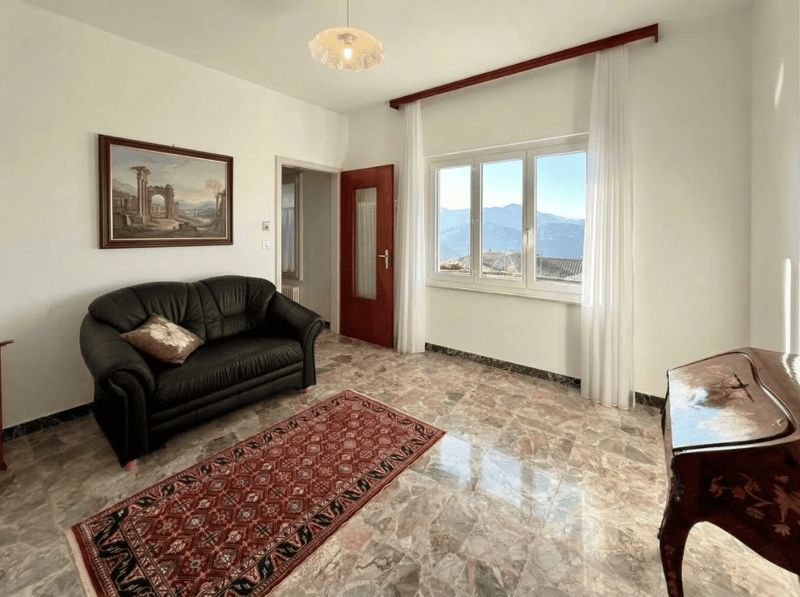 black leather couch, red rug, wooden door, large window, painting, marble floor