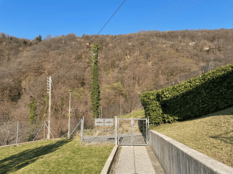 A concrete pathway leading to a gate, surrounded by grass and a hedge, with a mountain in the background.