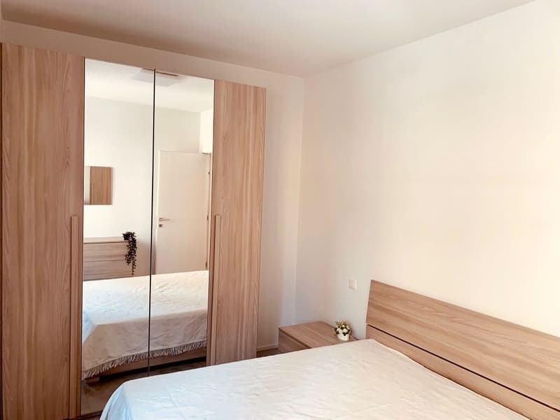 Bedroom with wooden bed, wooden wardrobe, mirror, nightstand, and small plant