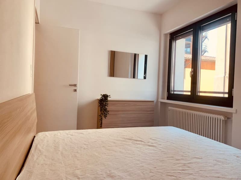 Bedroom with bed, wooden headboard, wooden dresser, mirror, window, radiator, plant