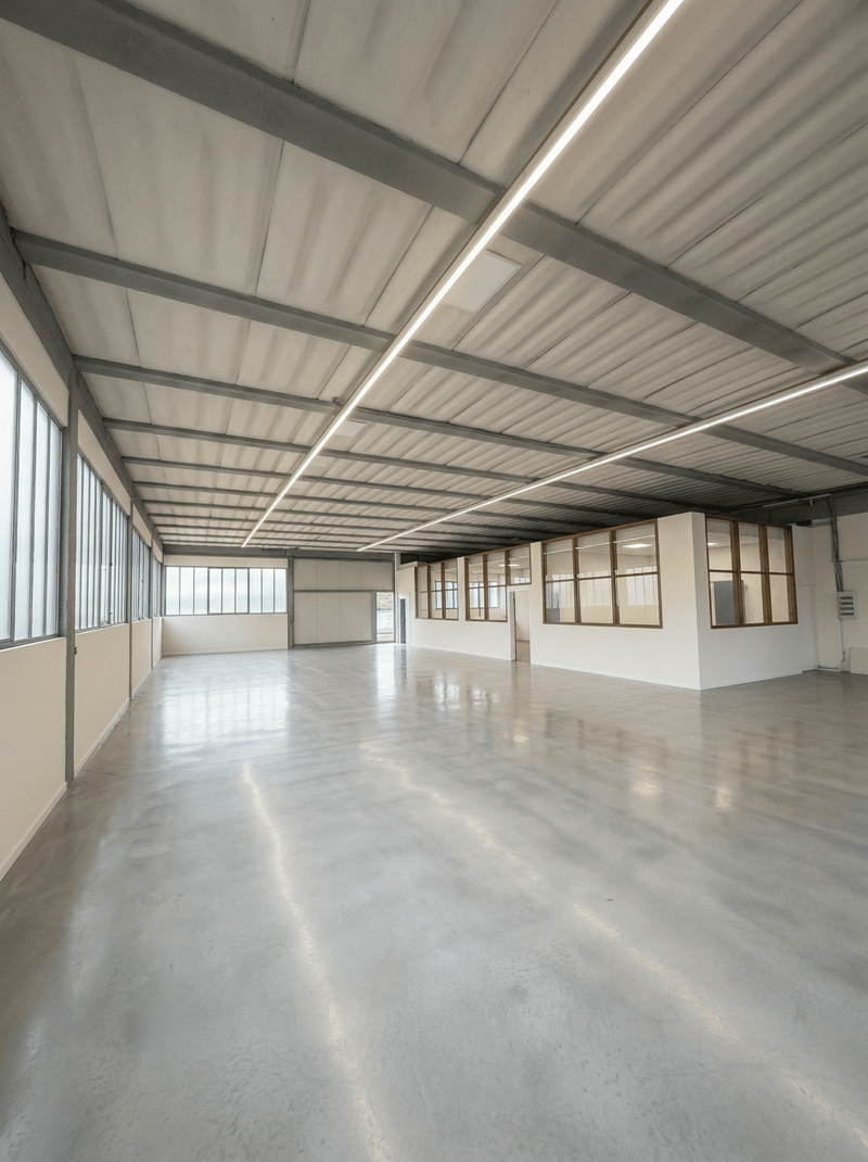 large open space, concrete floor, metal beams, large windows, white walls