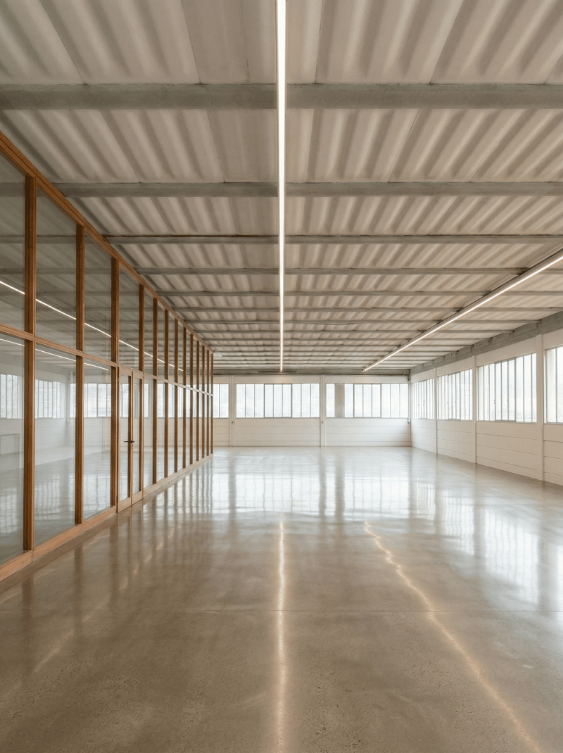 large open space, concrete floor, glass walls, white ceiling, large windows