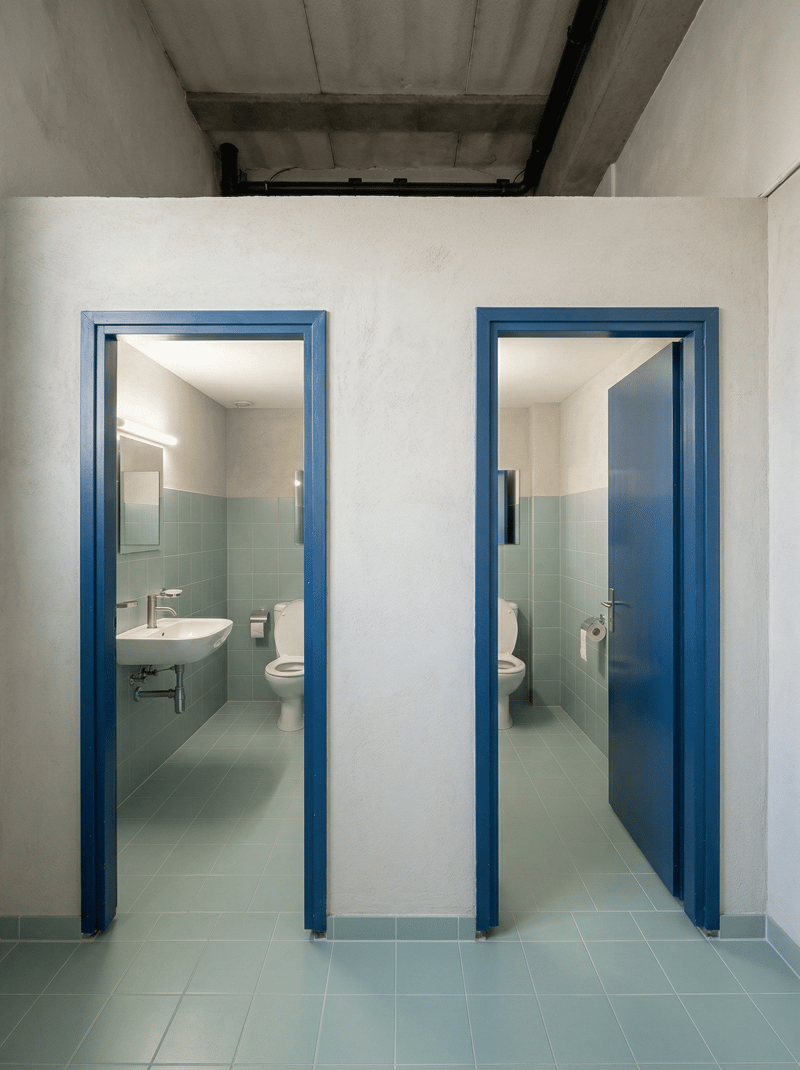 Two bathrooms with toilets, sinks, and mirrors