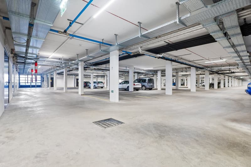 open parking space, multiple cars parked, gray concrete floor, white walls, metal pillars, overhead lighting