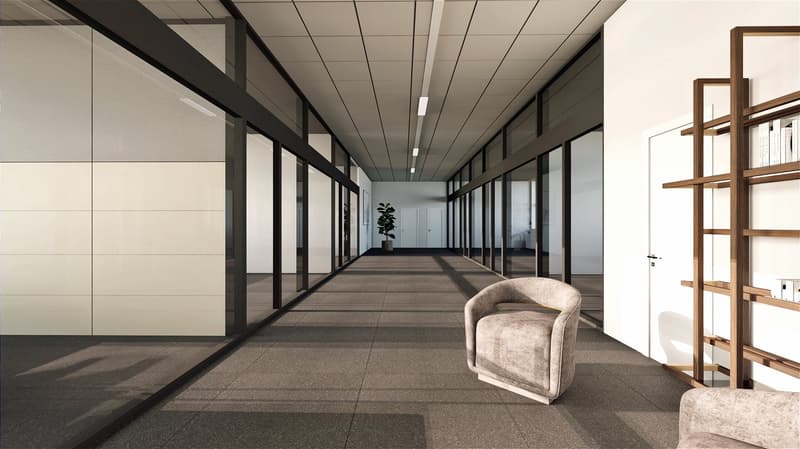 spacious hallway, glass walls, ceiling lights, gray tiled floor, white walls, beige carpet