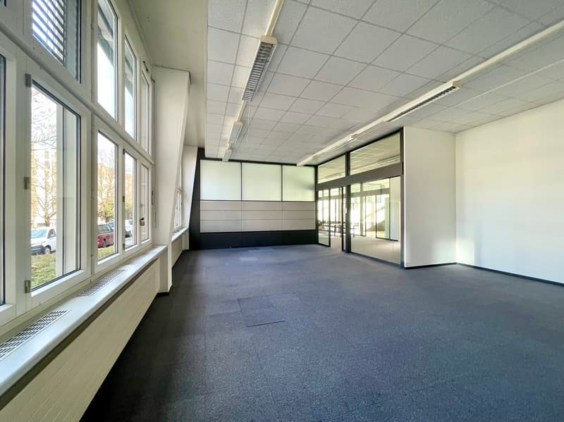Empty room, white walls, fluorescent lights, black tile flooring, windows, double doors, heating radiators