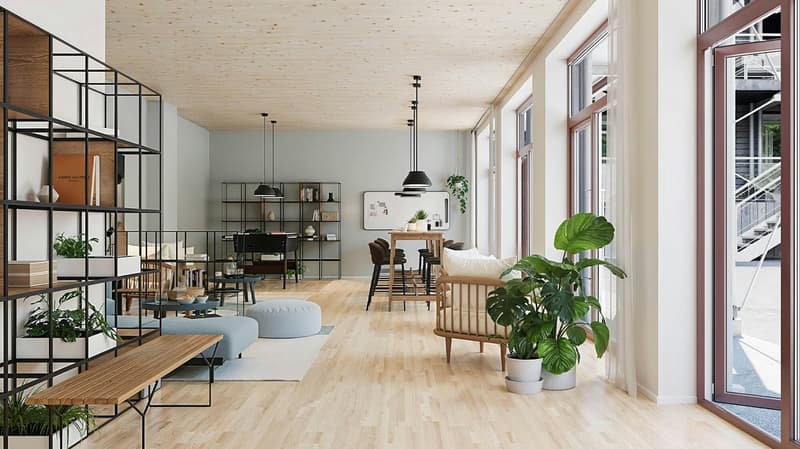 a room with white walls, wooden floor, and large glass windows