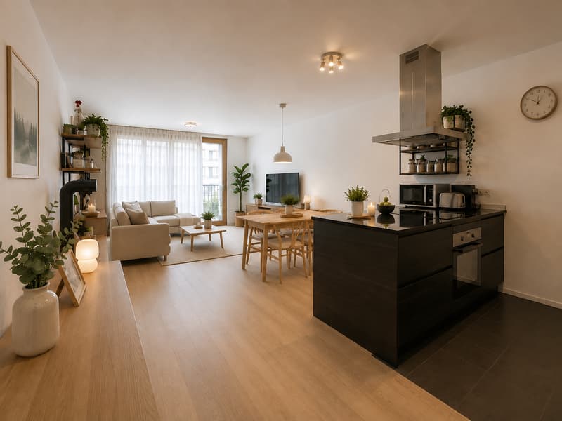 Bel espace de vie et cuisine ouvertee