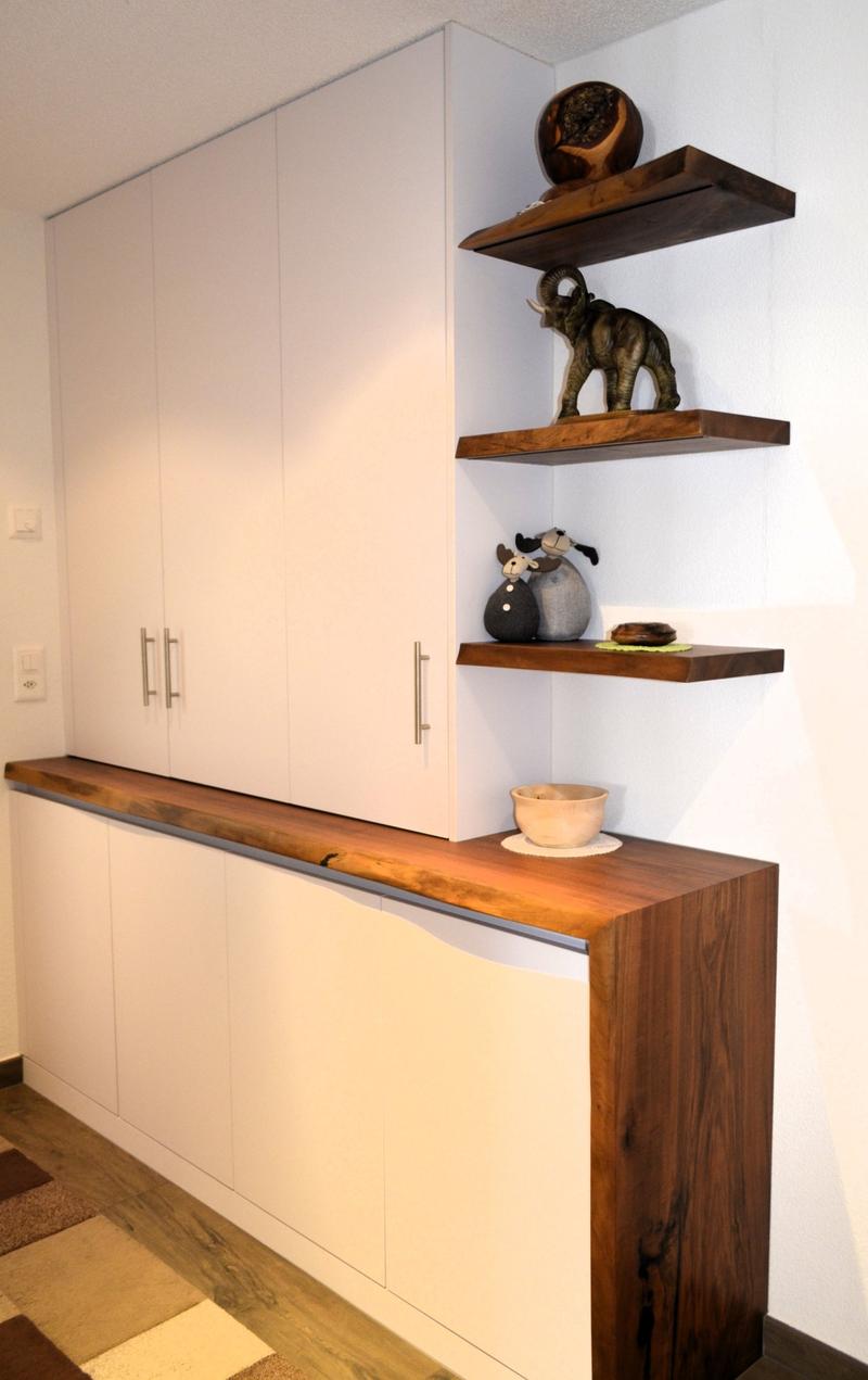 modern wooden countertops, wooden shelves, white cabinets, carpeted floor