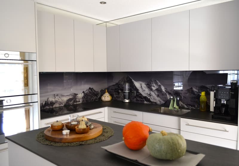 Modern kitchen with white cabinets, granite countertops, black splashback with mountain picture, stainless steel sink, coffee machine, built-in dishwasher, microwave, and blender