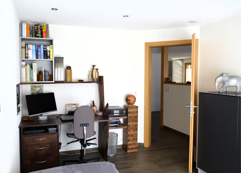 wooden desk, computer, bookcase, desk chair, trash bin, wooden cabinet, white walls