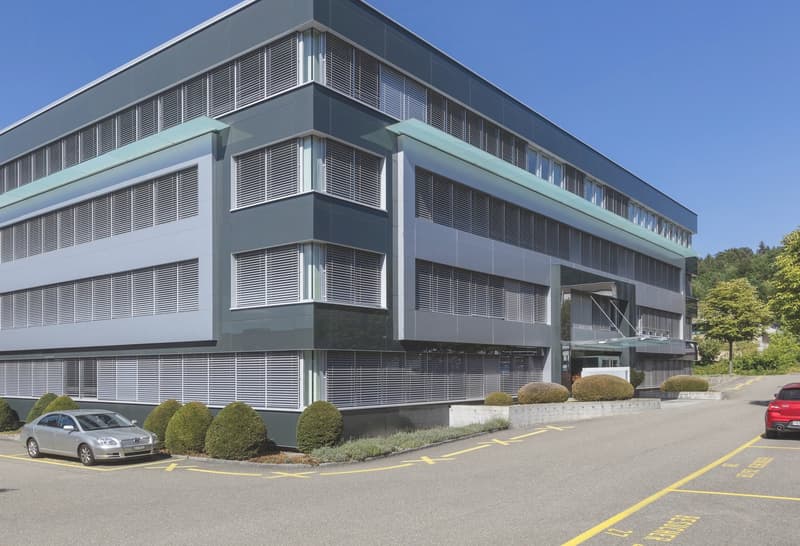 modern office building, glass windows, gray walls, entrance, parking area, plants