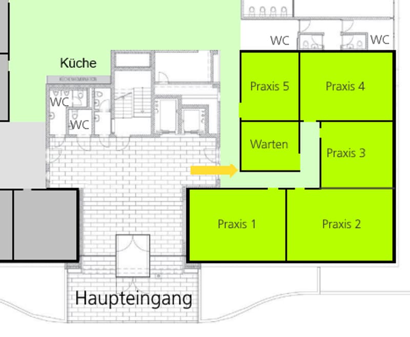 The image shows a floor plan with a main entrance, a kitchen, several praxis rooms (Praxis 1, Praxis 2, Praxis 3, Praxis 4, Praxis 5), a waiting area, and multiple restrooms (WC)