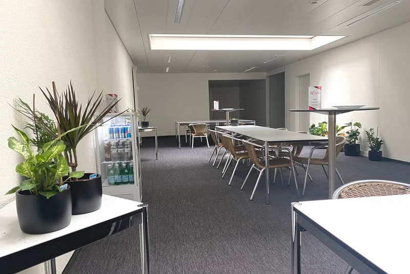 Empty office with gray carpeting, chairs, tables, and plants
