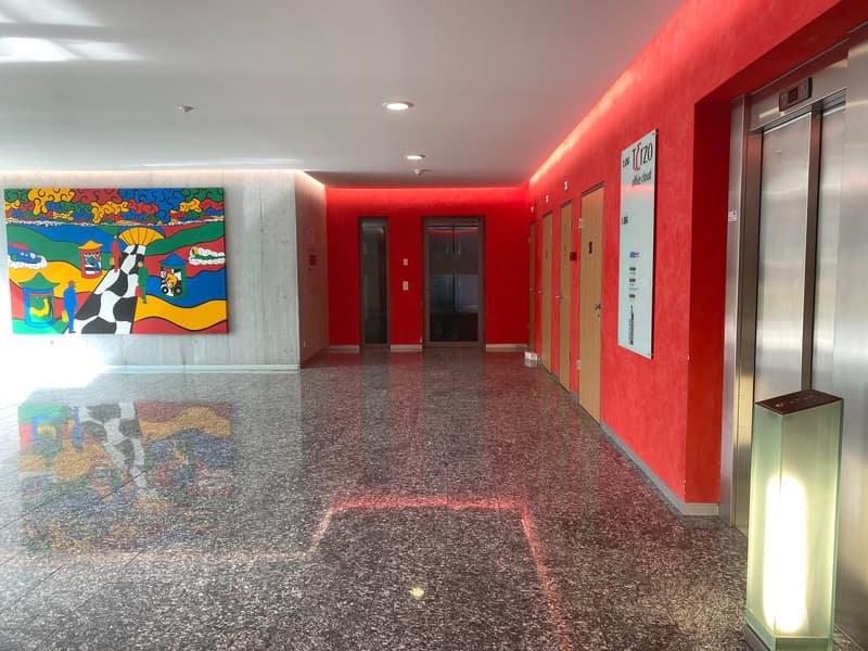 The image shows a brightly colored and modern interior hallway. The walls are painted in a vibrant red color, and there is a large, colorful abstract painting hanging on one of the walls. The floor is made of terrazzo tiles in a mottled pattern. There are