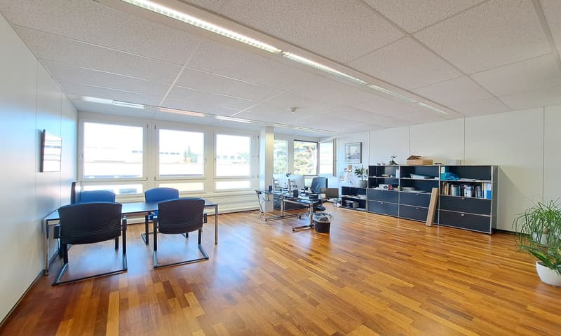 modern office with wooden floor, white walls, large windows, desks, chairs, bookshelves, plants