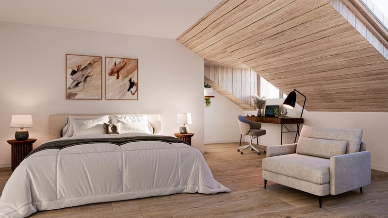 Bedroom with bed, nightstands, lamps, chair, desk, chair, artwork, wooden ceiling