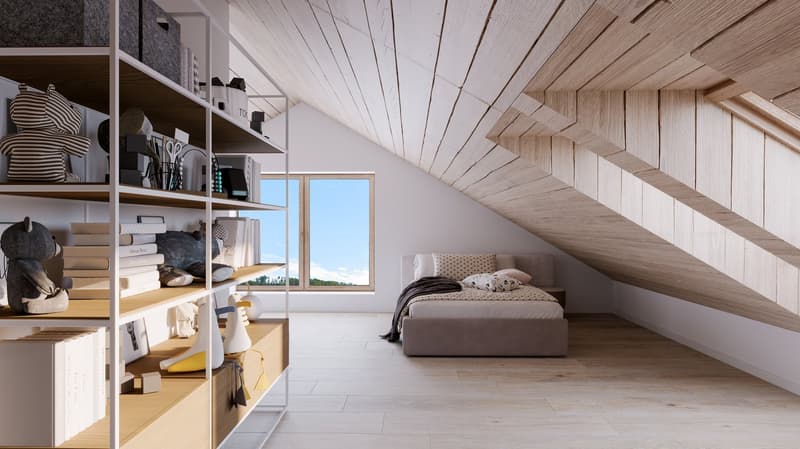 attic room with wooden ceiling, bed, shelves, window