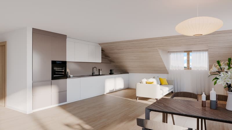 modern kitchen with white cabinets, wooden floor, white couch, dining table, flowers