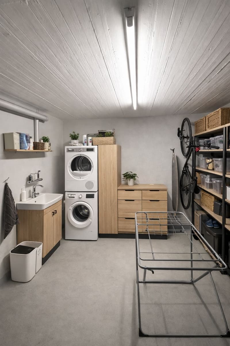 Laundry room with washing machine, dryer, sink, wooden cabinets, storage boxes, bicycle, and drying rack.