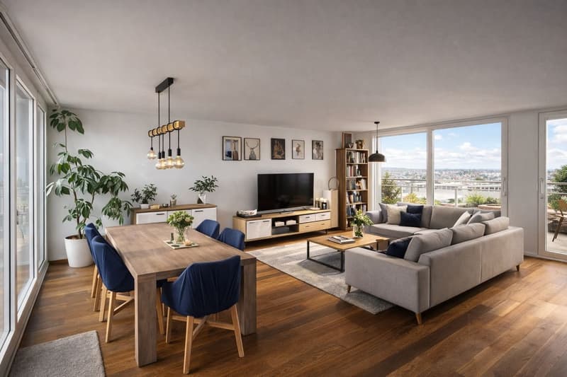 modern living room with wooden floor, large windows, dining table, couch, coffee table, TV, plants, bookshelves