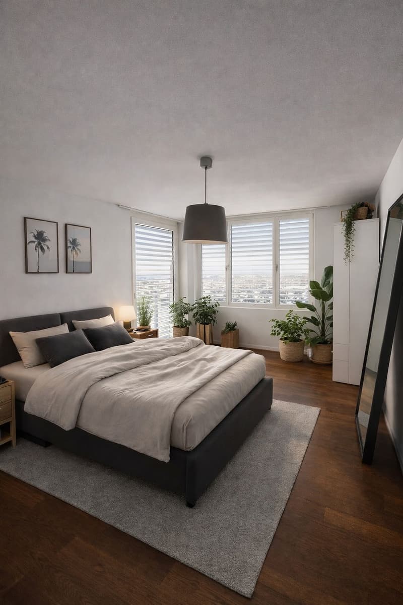 A bedroom with a bed, nightstand, rug, plants, and a large window with blinds.