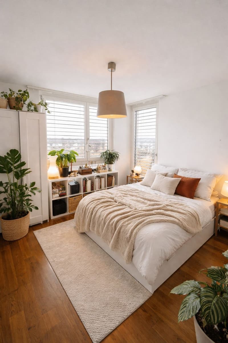 Bedroom with white walls, wooden floor, large bed, white bedding, beige rug, white nightstands, lamps, shelves with books and plants, large windows with blinds, ceiling lamp