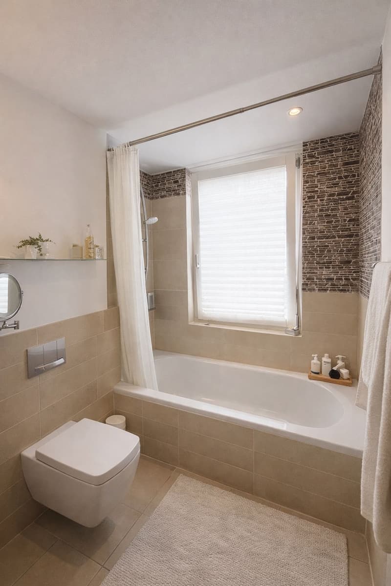 modern bathroom with bathtub, shower, toilet, mirror, and towel rack