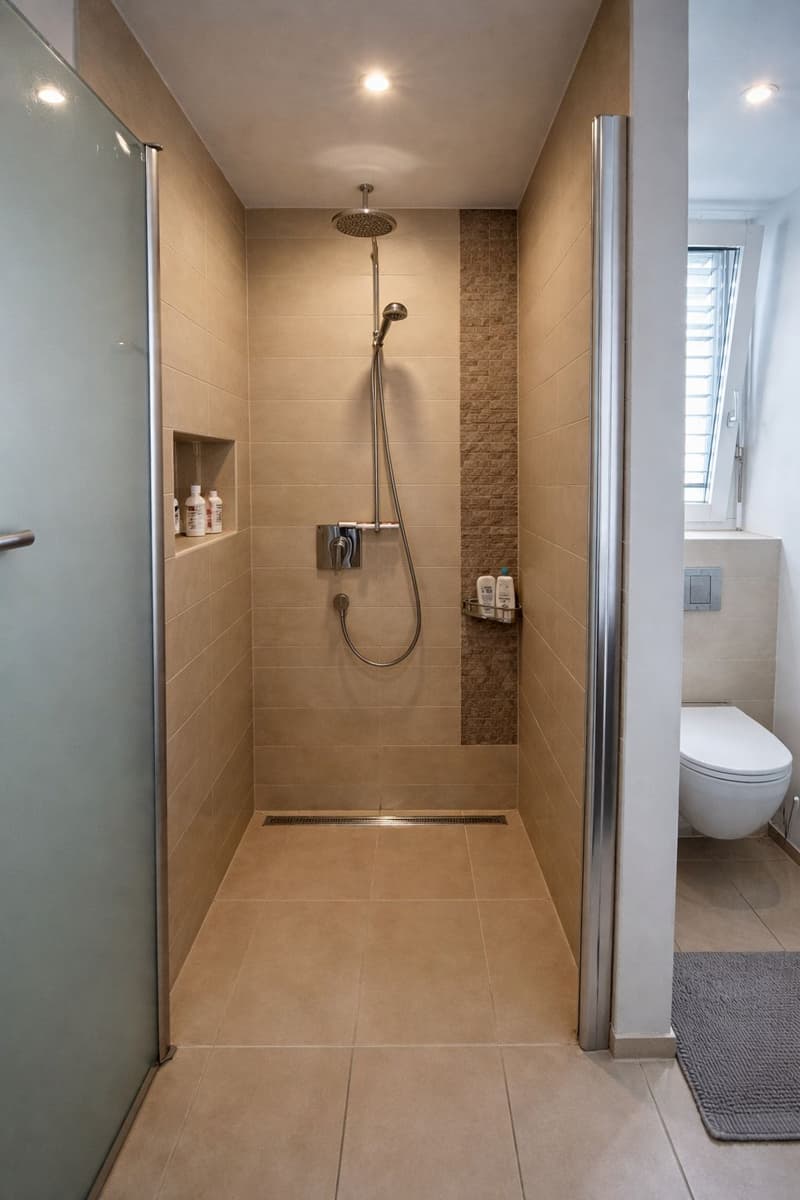 Modern bathroom with walk-in shower, beige tiles, glass door, white toilet, shelves with toiletries, and a rug.
