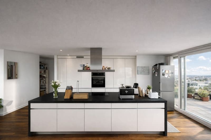 modern kitchen with white cabinets, black countertops, stainless steel appliances, large windows with a view