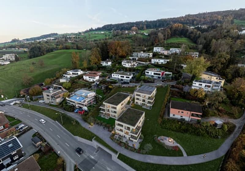 Aerial view of a residential area with multiple houses, green surroundings, and a road.
